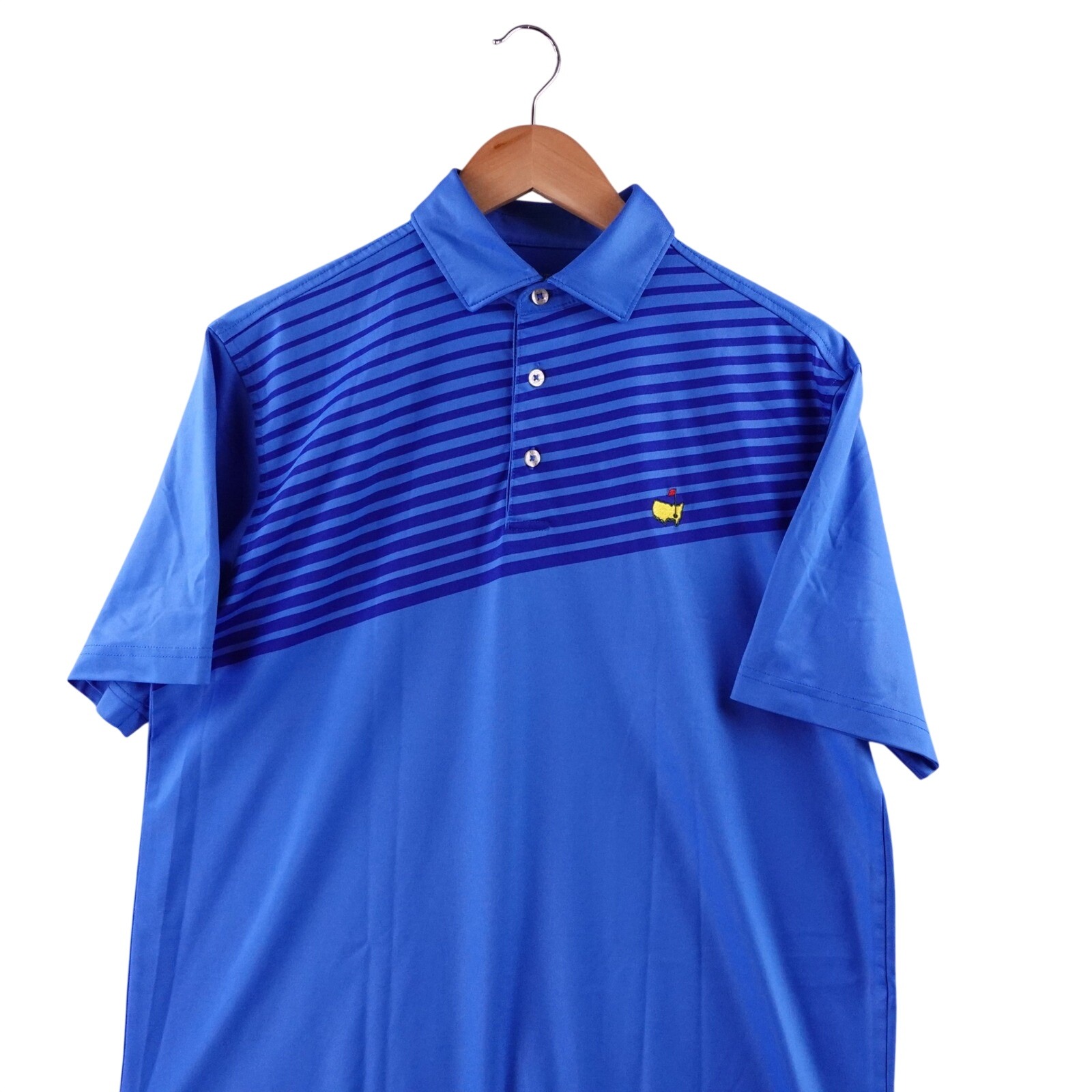 Masters Tech Golf Polo Shirt Mens S Blue Striped Short Sleeve Masters Logo
